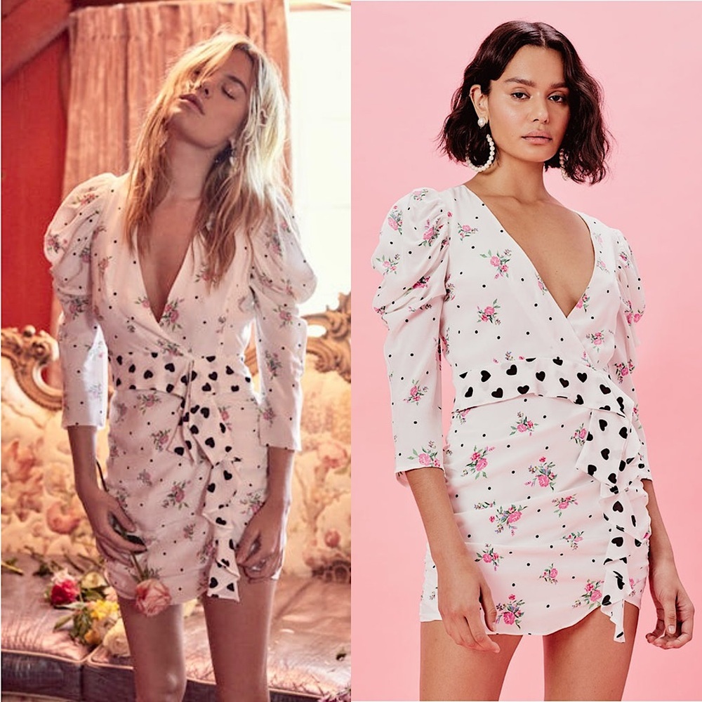 FOR LOVE LEMONS Floral Puff Sleeve Ruched Heart Ruffle Belt Faux Wrap Dress XS